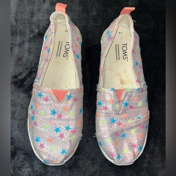Big Girls TOMS Alpargata shoes Pink Glimmer Stars, size youth 4 - Picture 1 of 9
